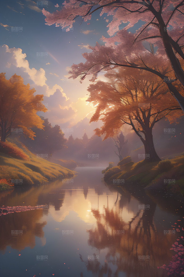 芦苇与晨光秋天的湖泊远景
