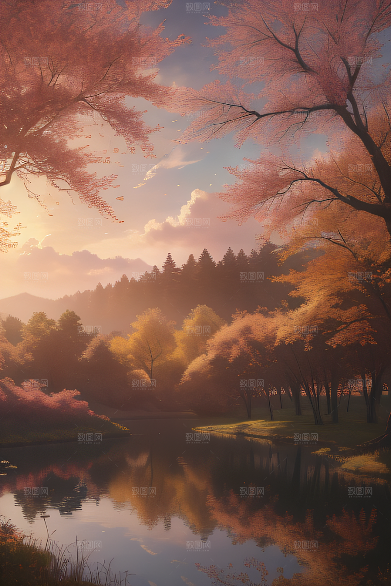芦苇与晨光秋天的湖泊远景