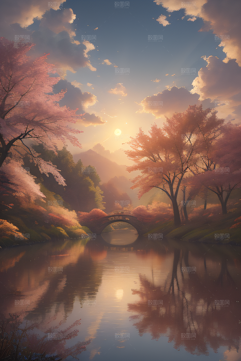 芦苇与晨光秋天的湖泊远景