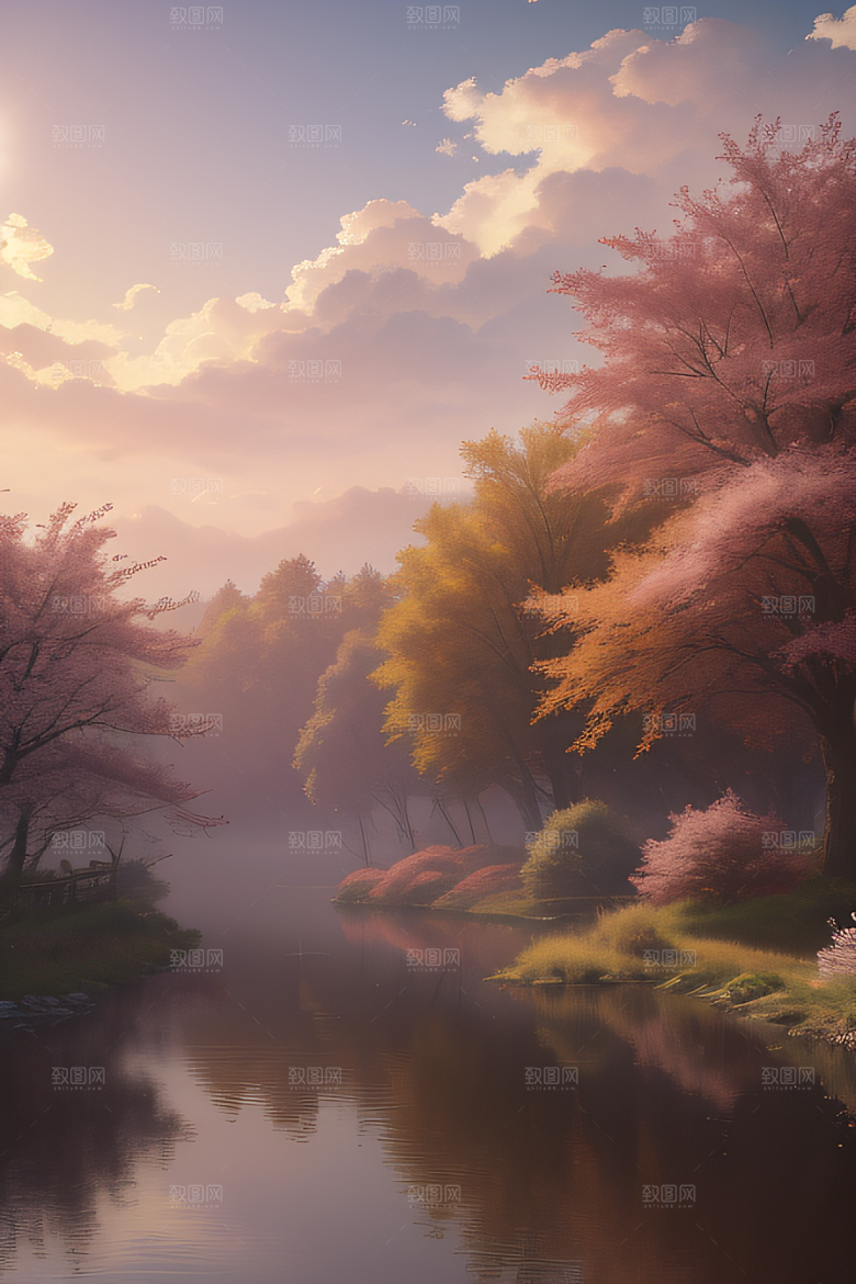 芦苇与晨光秋天的湖泊远景