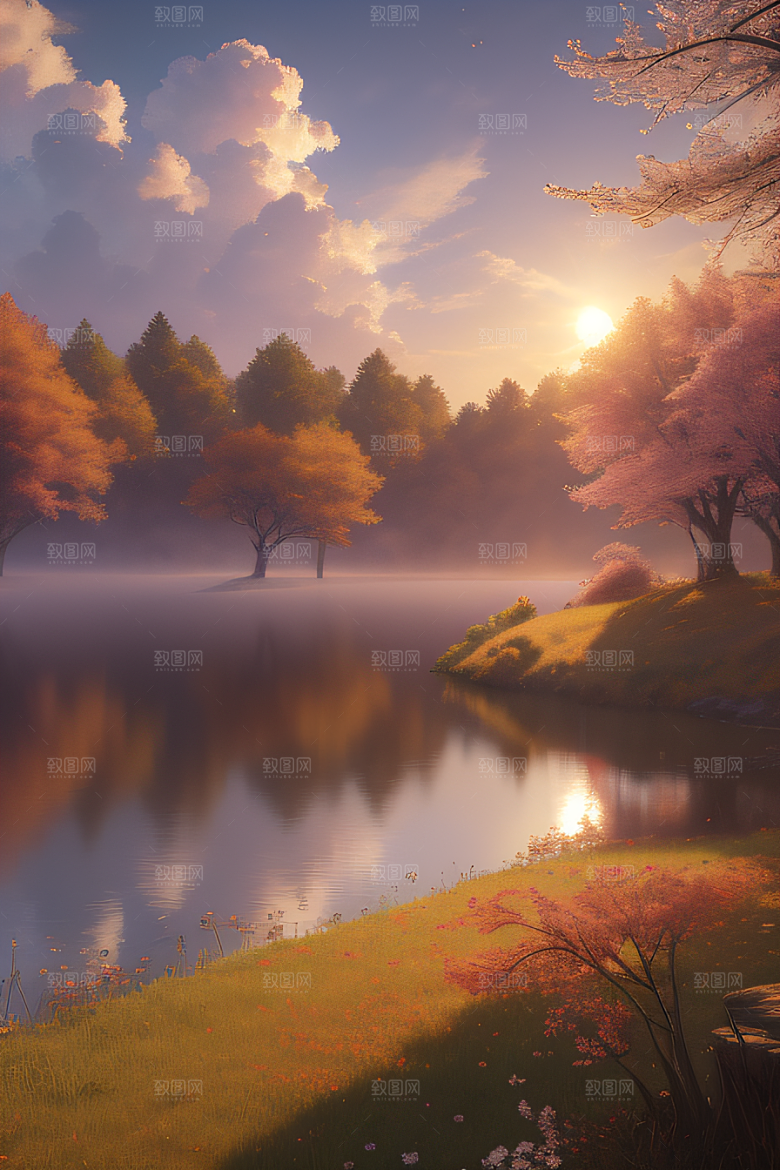 芦苇与晨光秋天的湖泊远景
