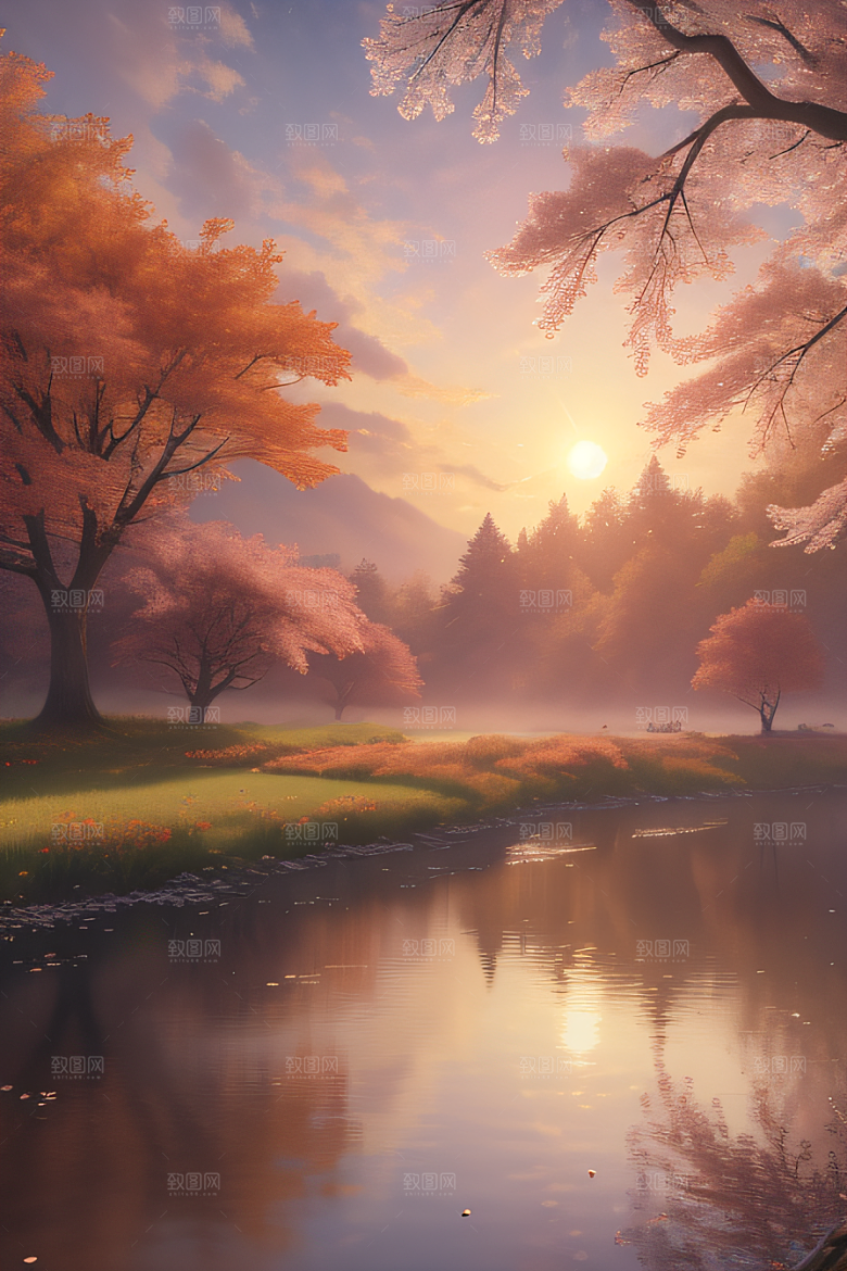 芦苇与晨光秋天的湖泊远景