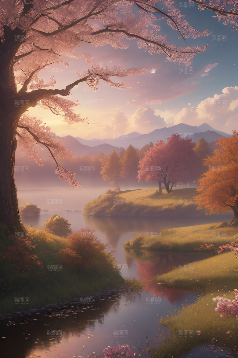 芦苇与晨光秋天的湖泊远景