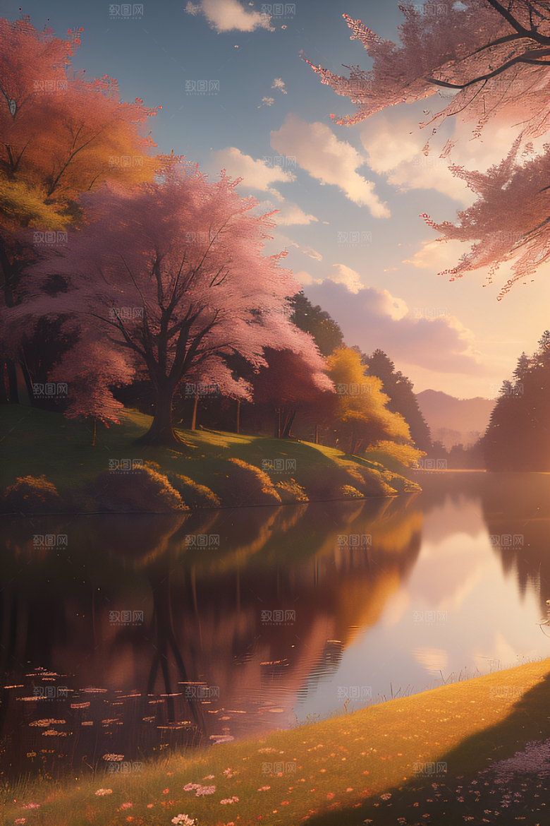 芦苇与晨光秋天的湖泊远景