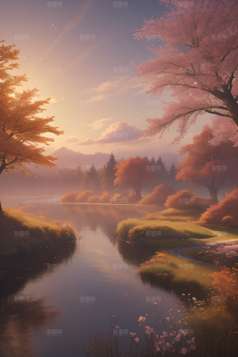 芦苇与晨光秋天的湖泊远景