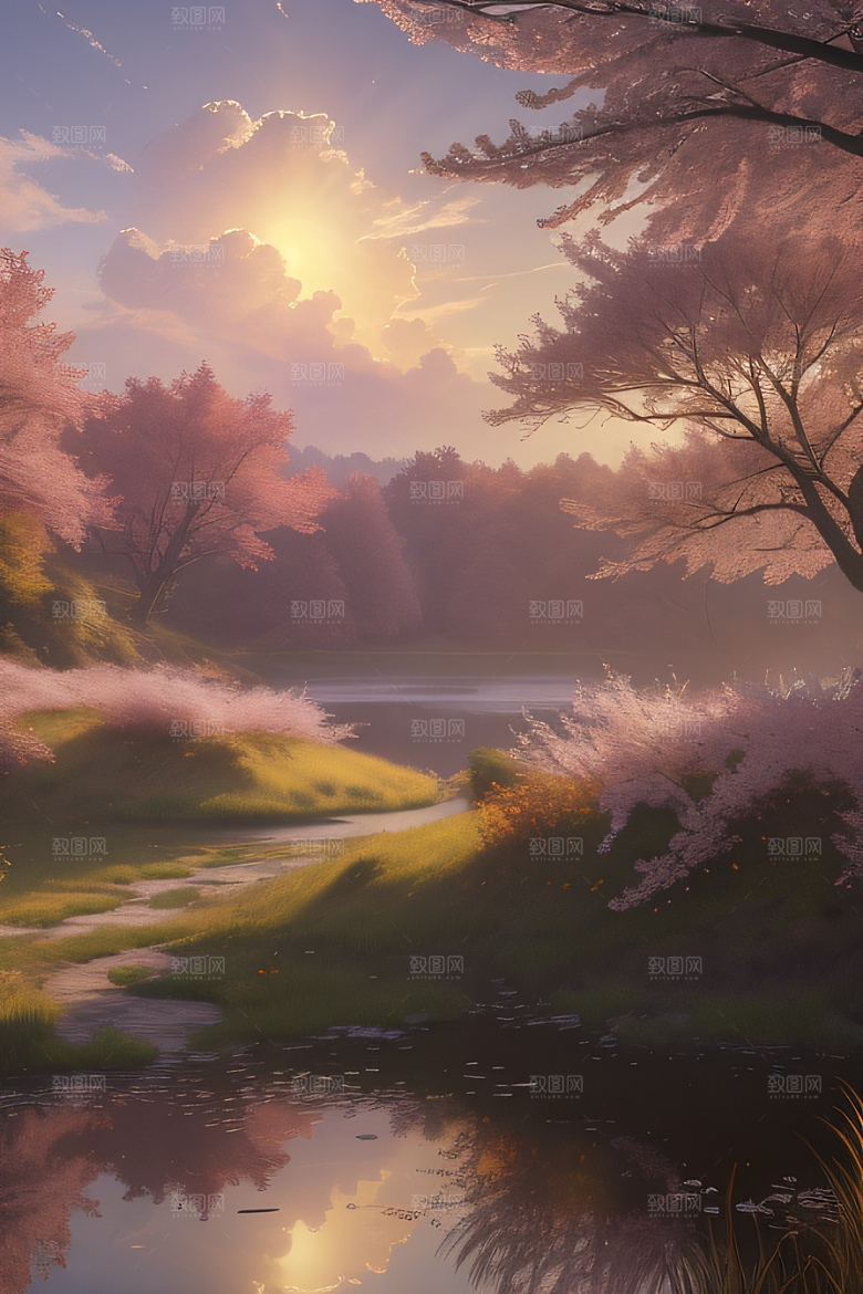 芦苇与晨光秋天的湖泊远景