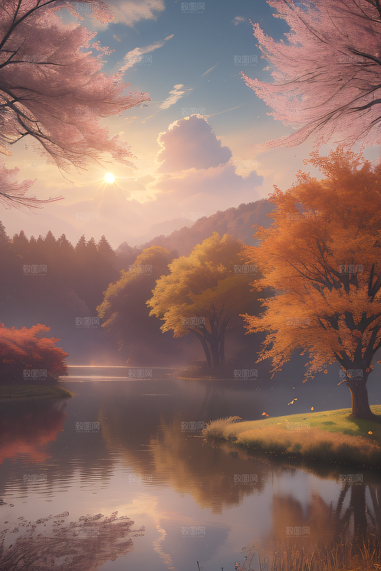 芦苇与晨光秋天的湖泊远景