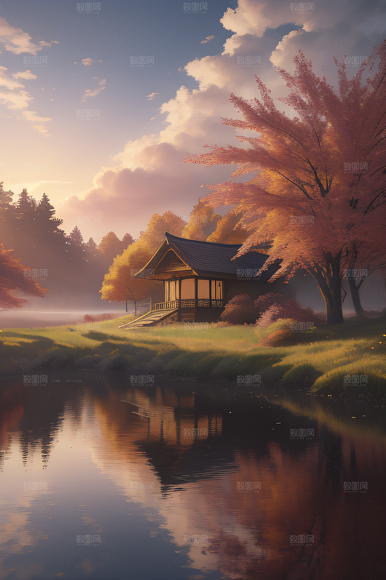 芦苇与晨光秋天的湖泊远景