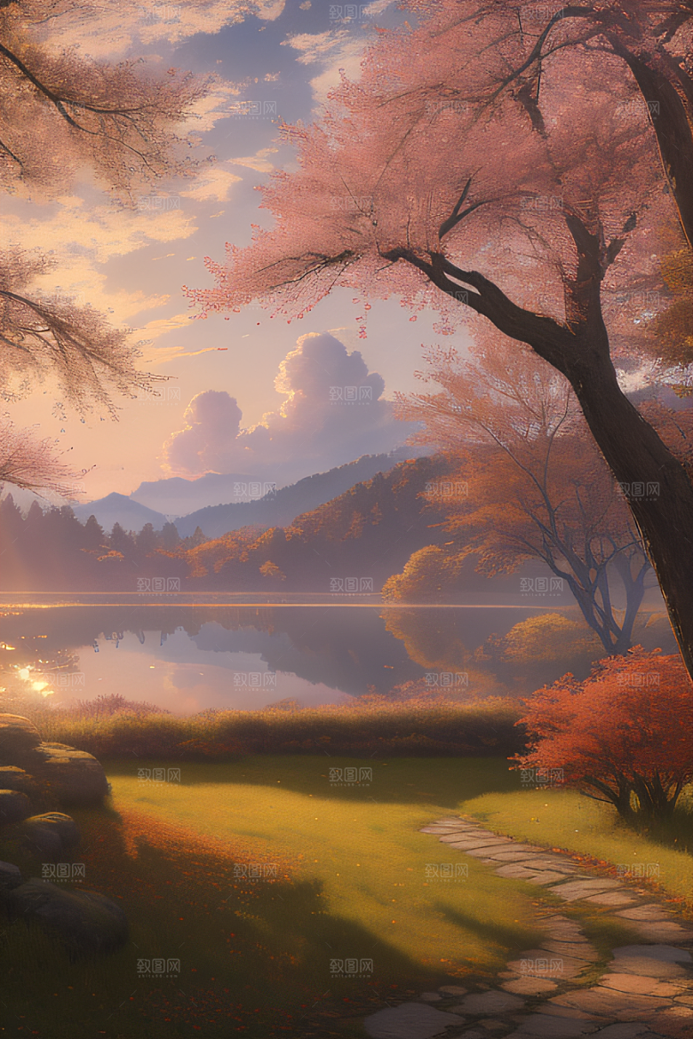 芦苇与晨光秋天的湖泊远景