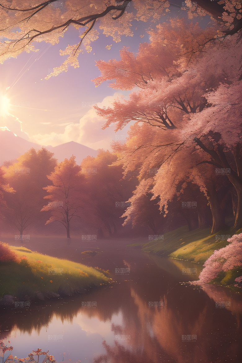芦苇与晨光秋天的湖泊远景