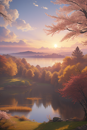 湖泊远景中的幻想秋天的树木