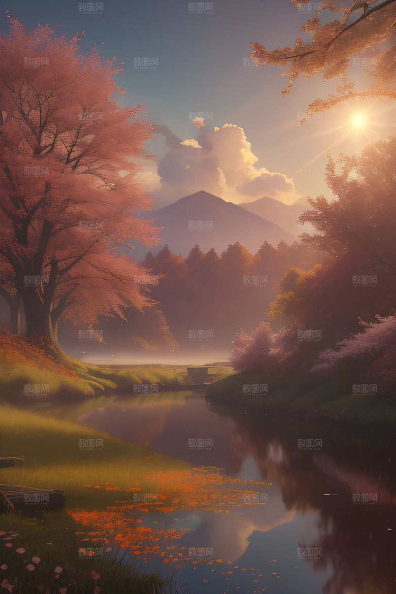 湖泊远景中的幻想秋天的树木