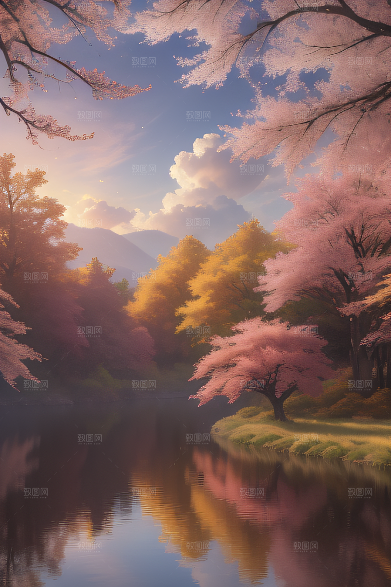 湖泊远景秋天的灯光效果