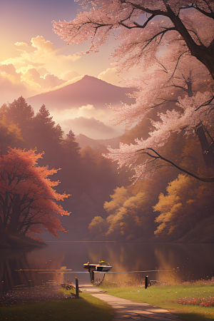 湖泊远景秋天的灯光效果
