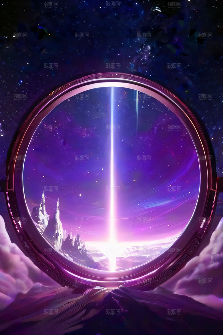 深紫色梦幻太空中的闪耀传送门