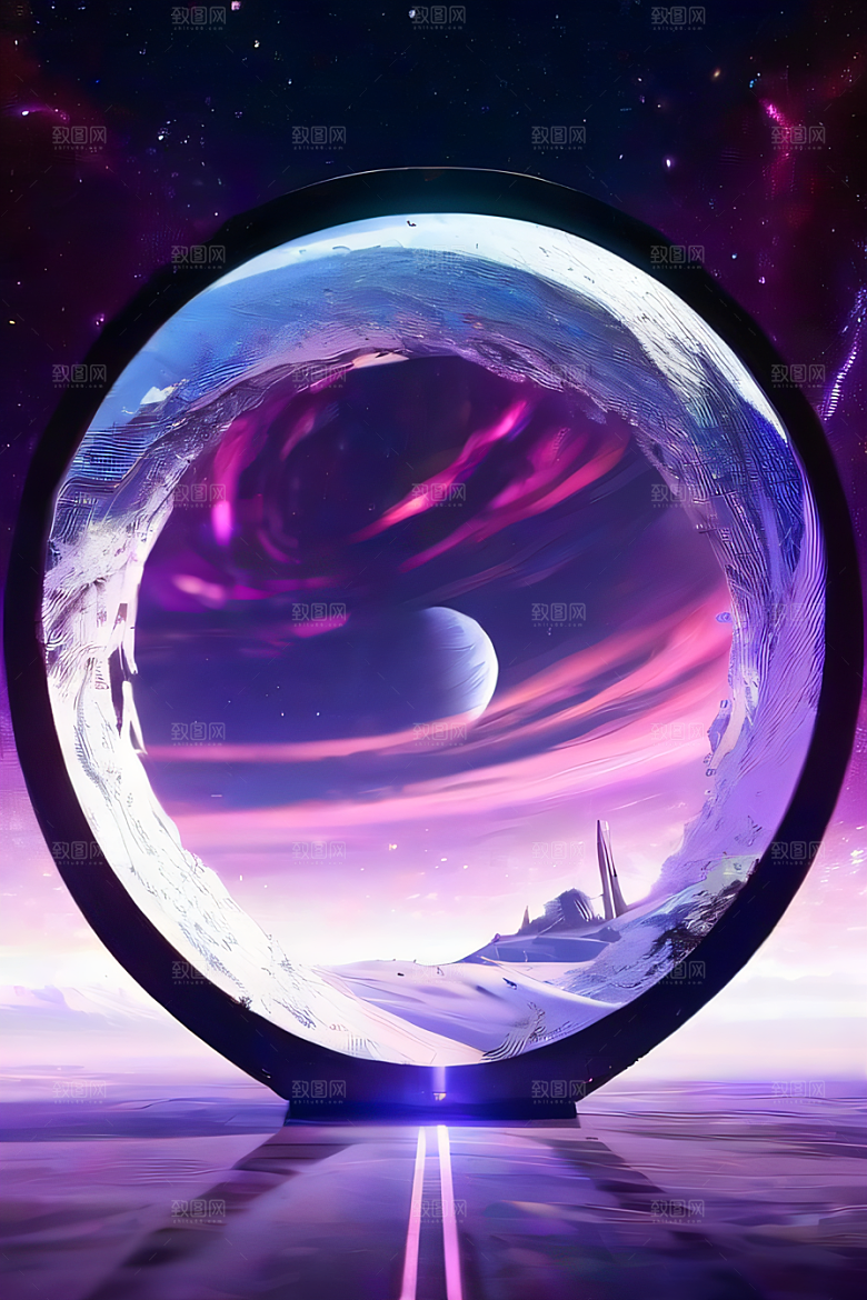 梦幻深紫色闪耀的太空传送门