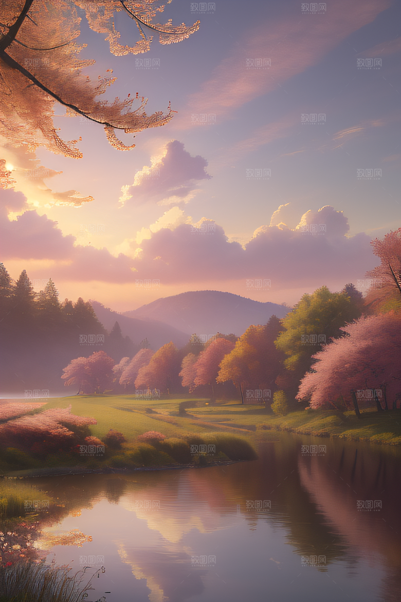 秋天的灯光效果湖泊远景