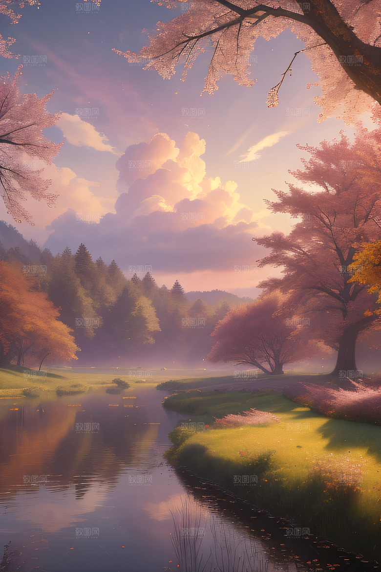 秋天的灯光效果湖泊远景
