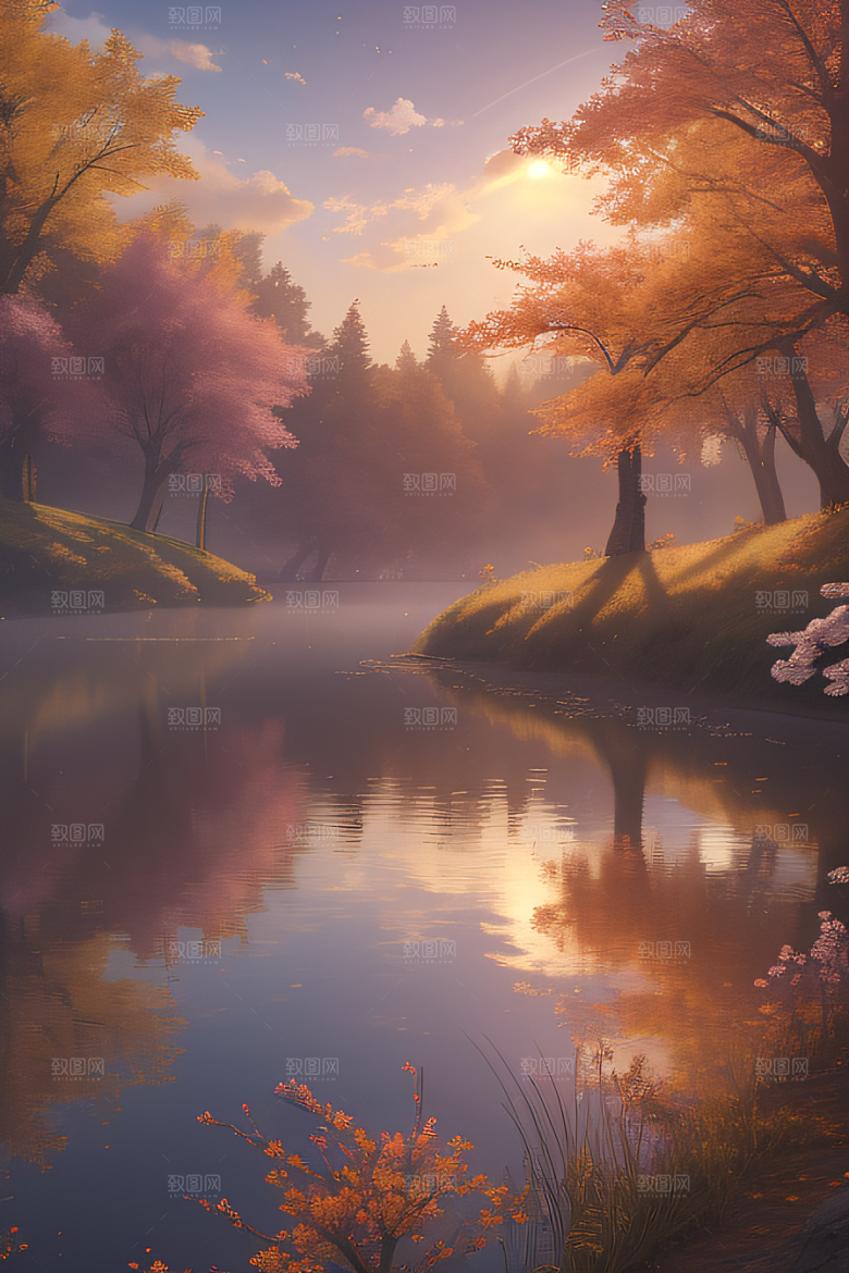 秋天的灯光效果湖泊远景