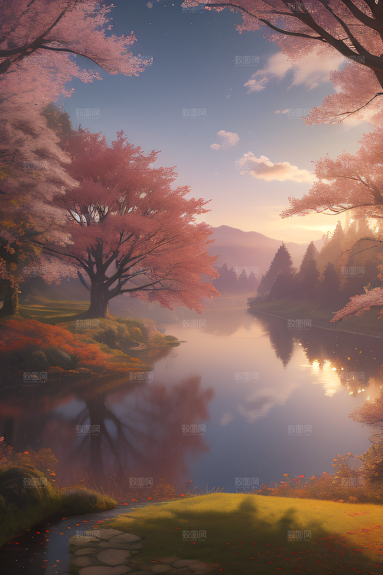 秋天的灯光效果湖泊远景