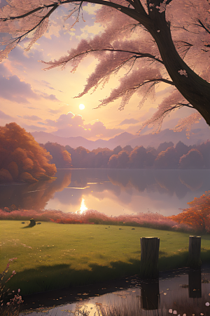 秋天的灯光效果湖泊远景