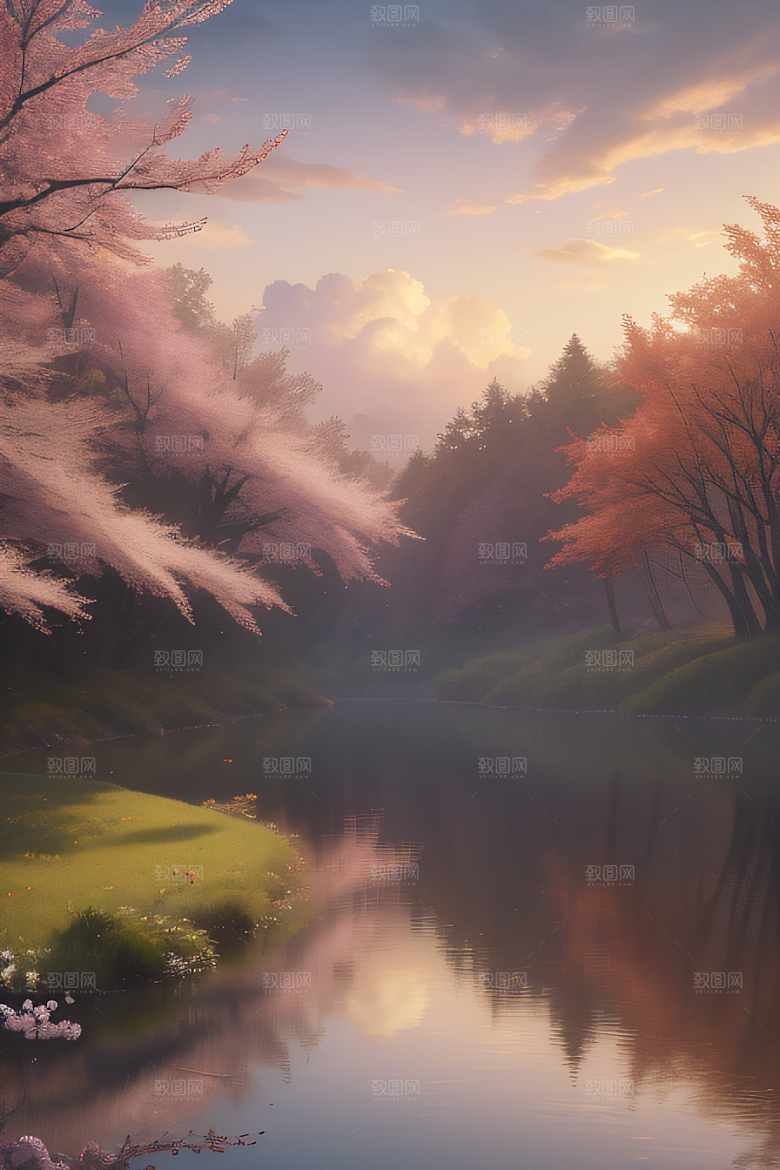 秋天的灯光效果湖泊远景