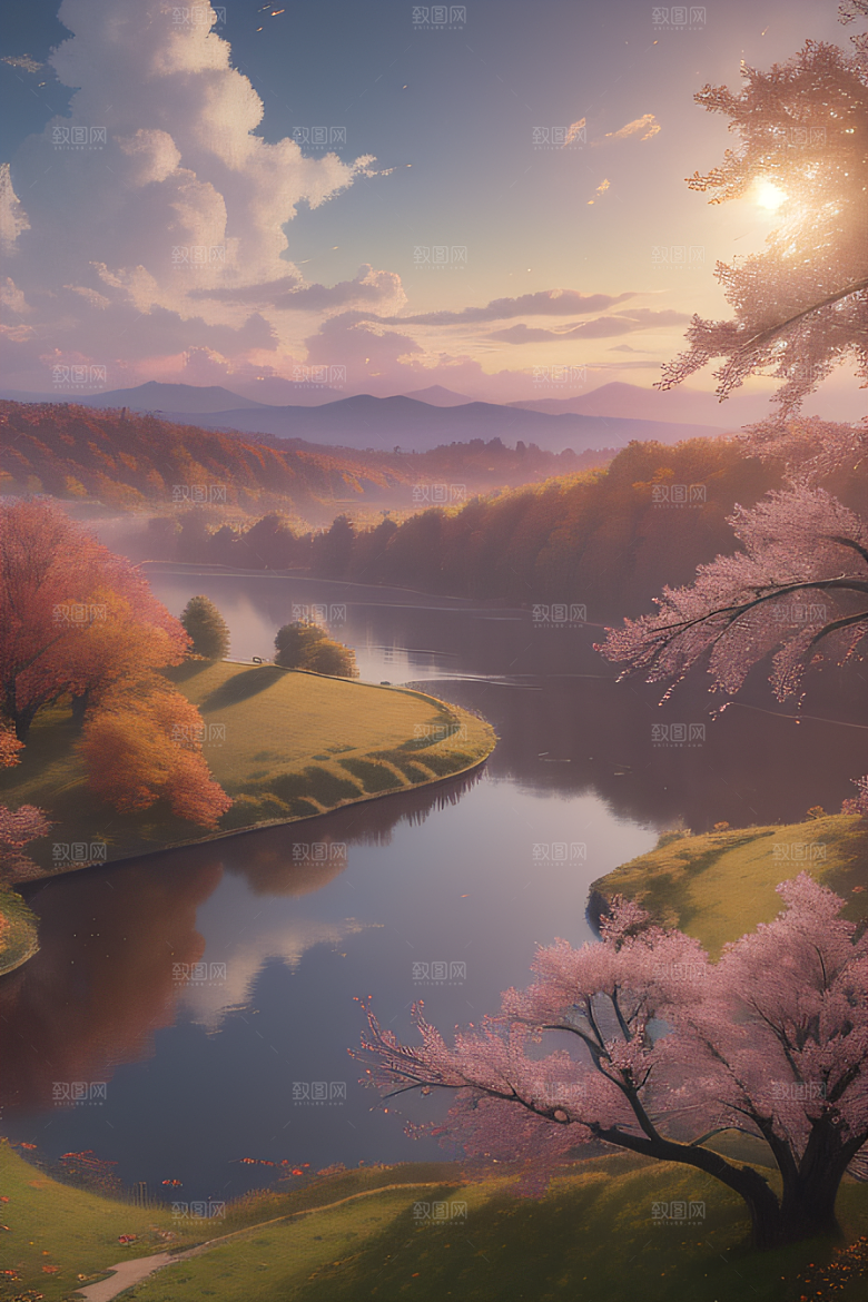 秋天的灯光效果湖泊远景