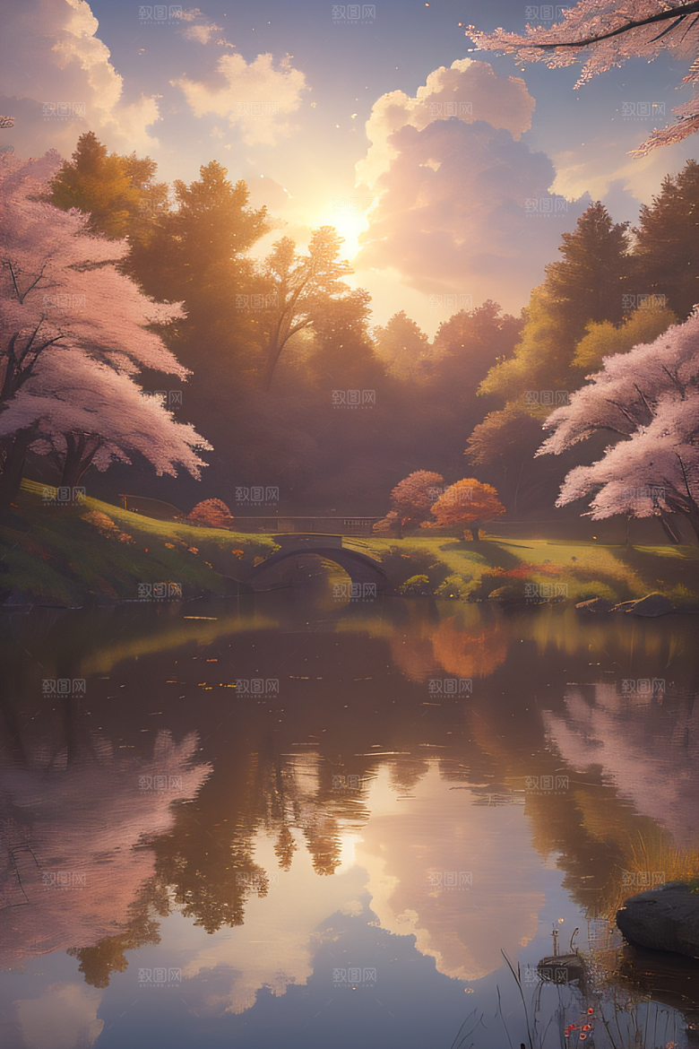 秋天的灯光效果湖泊远景