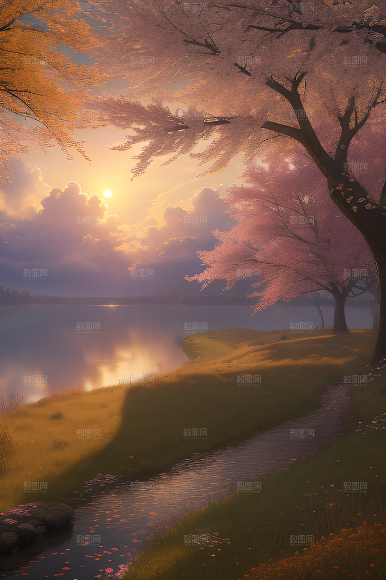 秋天的灯光效果湖泊远景