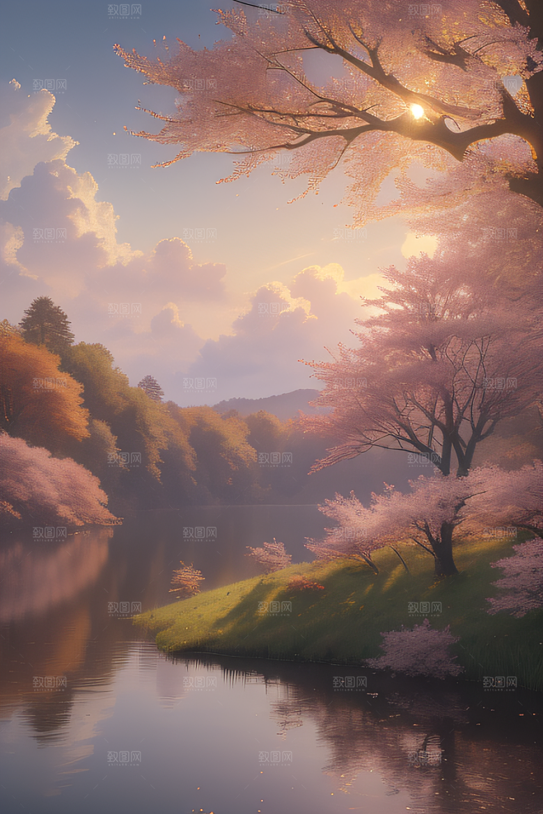 秋天的灯光效果湖泊远景