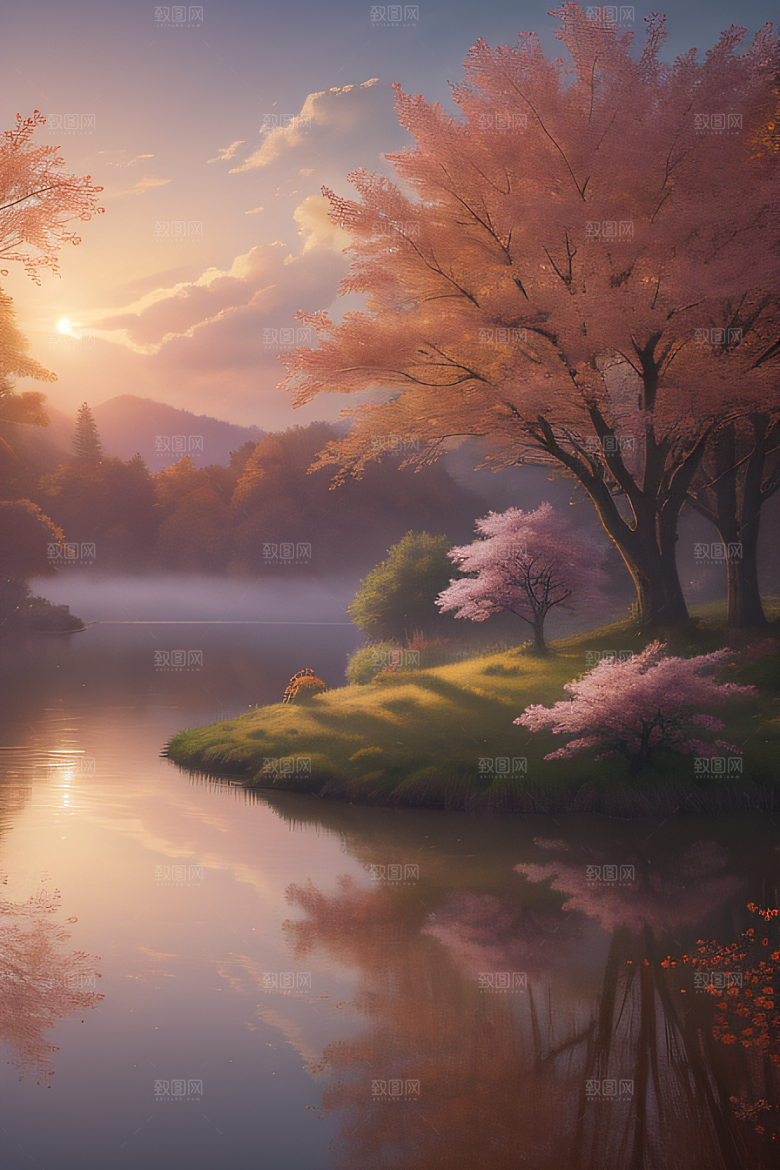 秋天的灯光效果湖泊远景