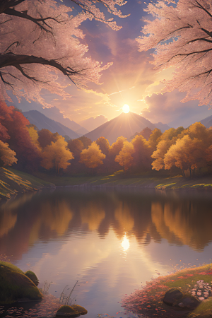 晨光下的童话秋天的湖泊美景