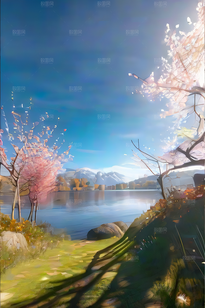 晨光下的童话秋天的湖泊美景