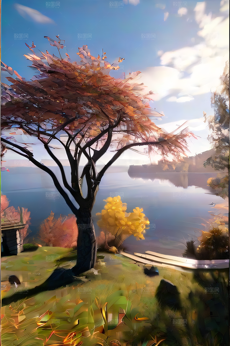 晨光下的童话秋天的湖泊美景