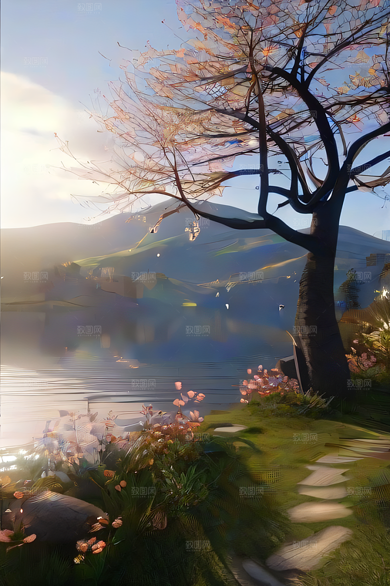 晨光下的童话秋天的湖泊美景