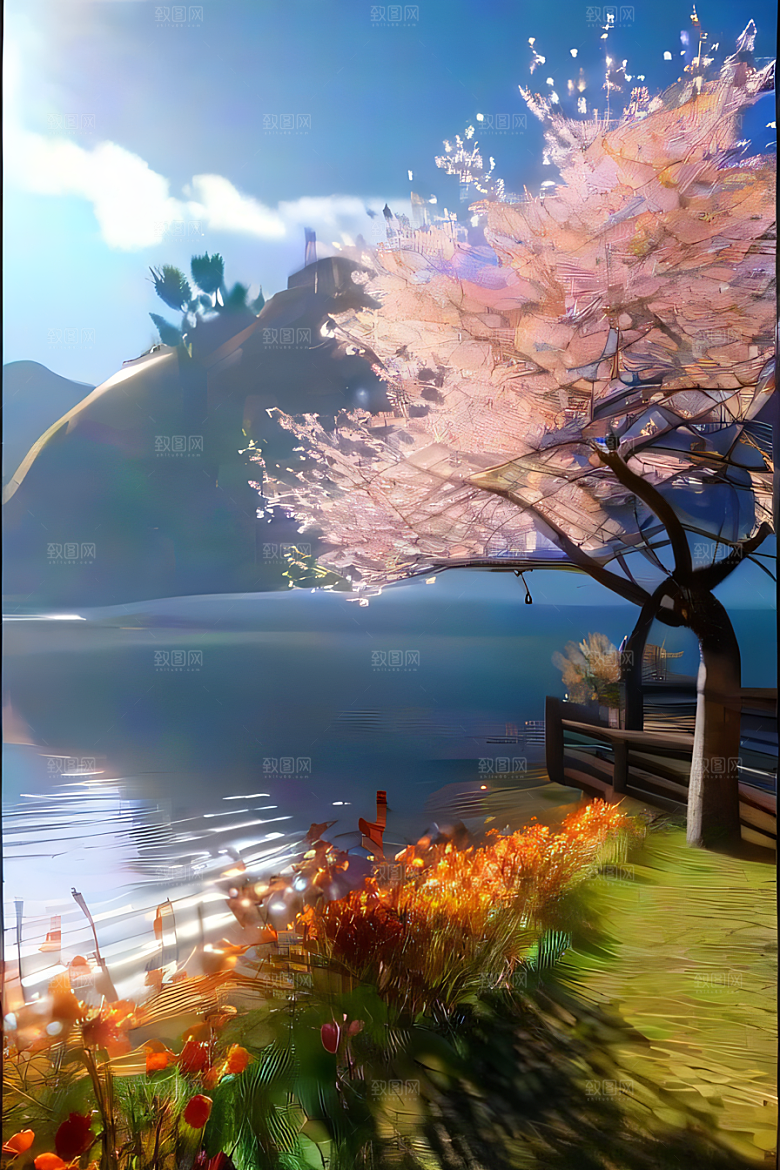 湖泊远景秋天的晨光