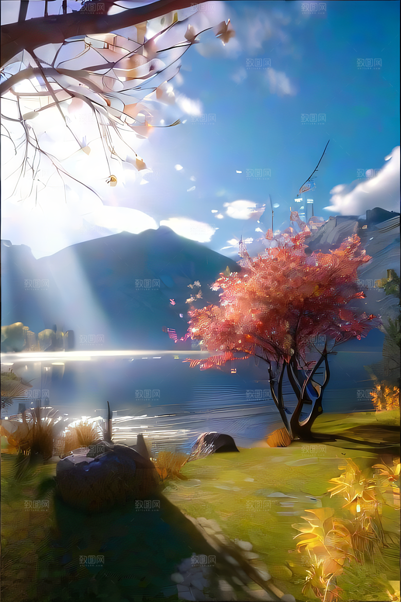 湖泊远景秋天的晨光