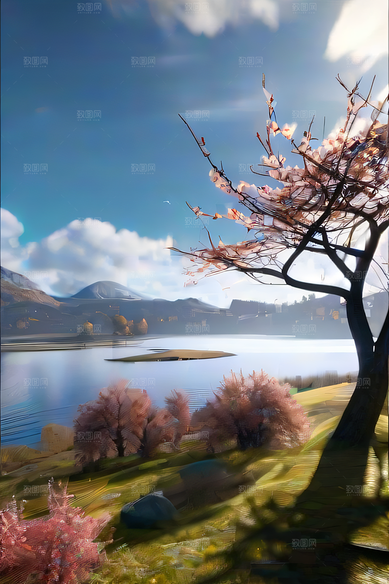 湖泊远景秋天的晨光