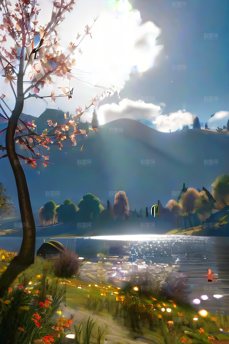 秋天的美景湖泊远景