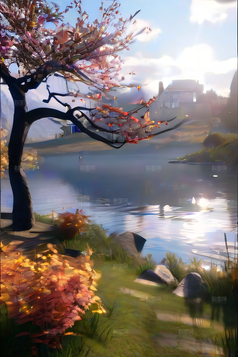 秋天的美景湖泊远景