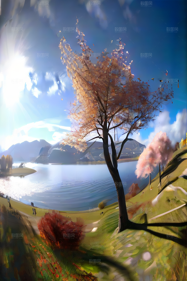 秋天的美景湖泊远景