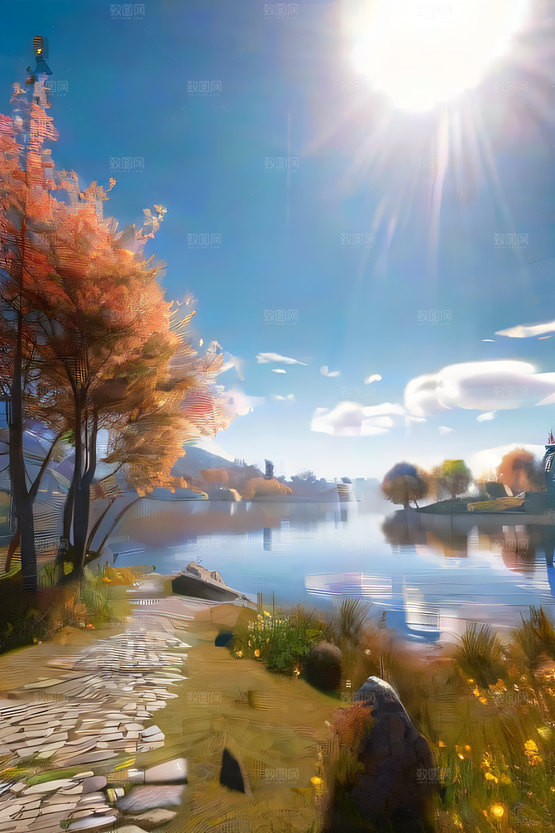 秋天的美景湖泊远景
