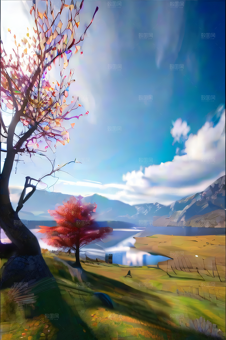 秋天的美景湖泊远景