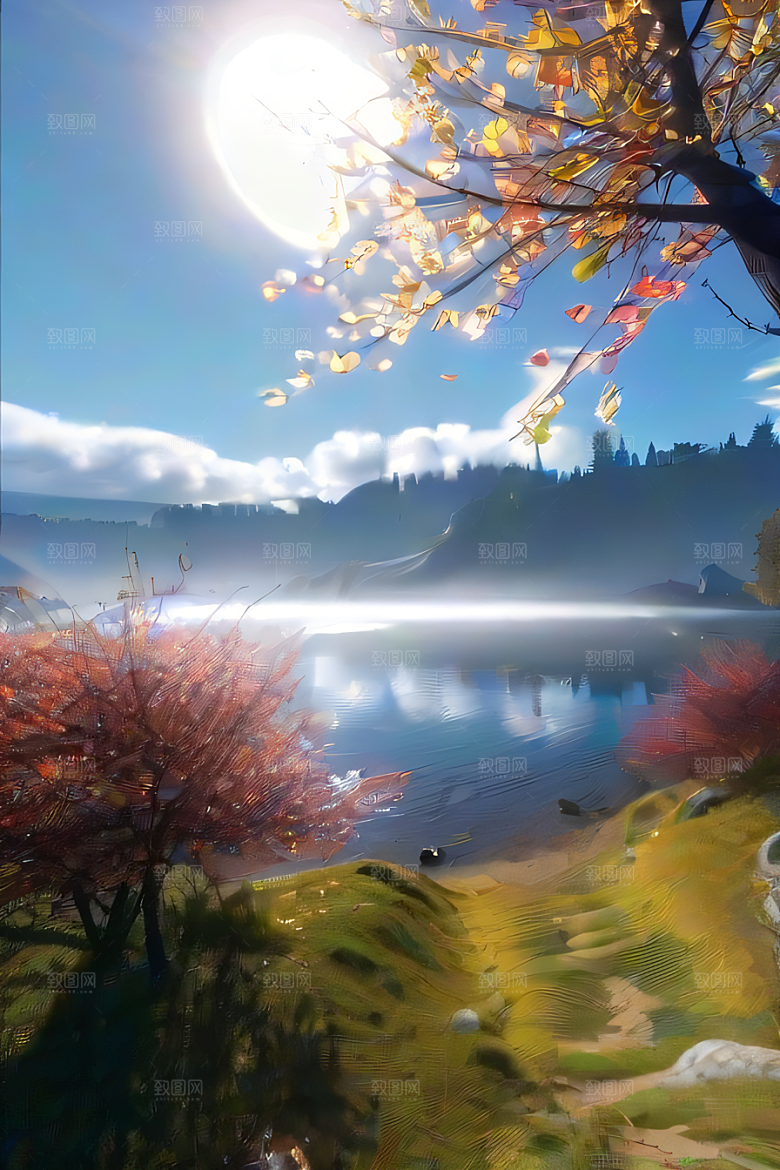 秋天的美景湖泊远景