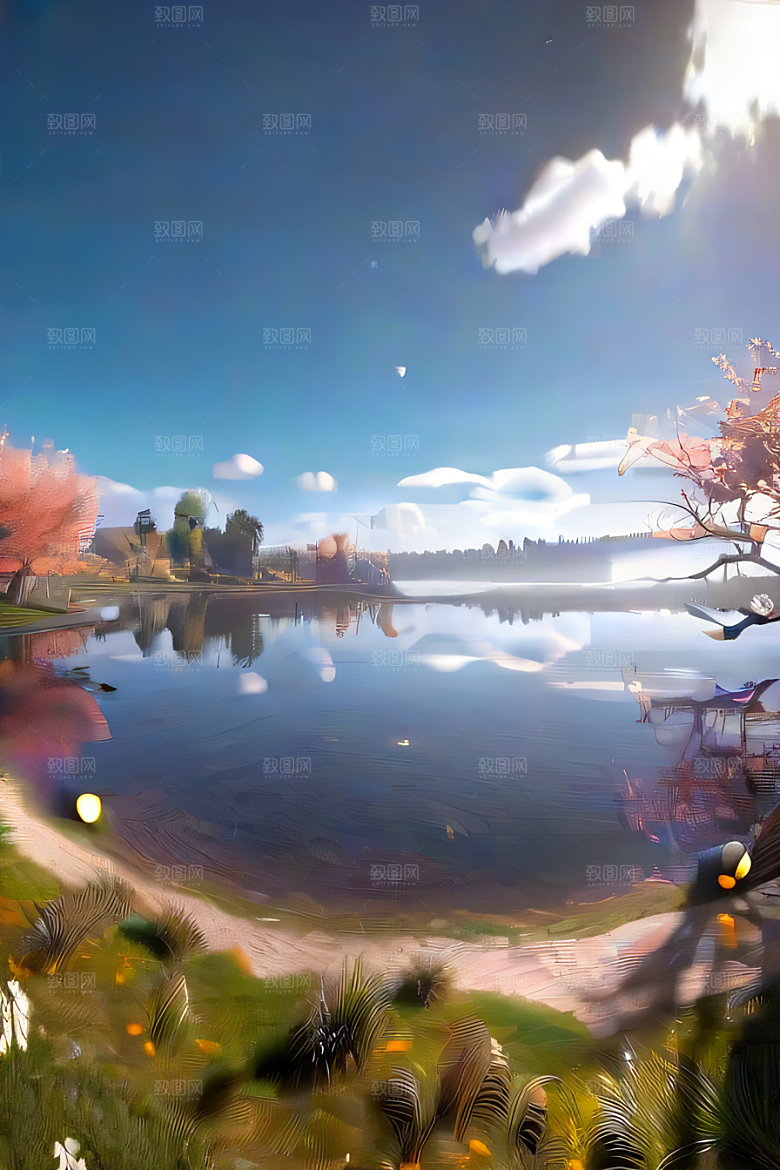 秋天的晨光远眺湖泊的美景