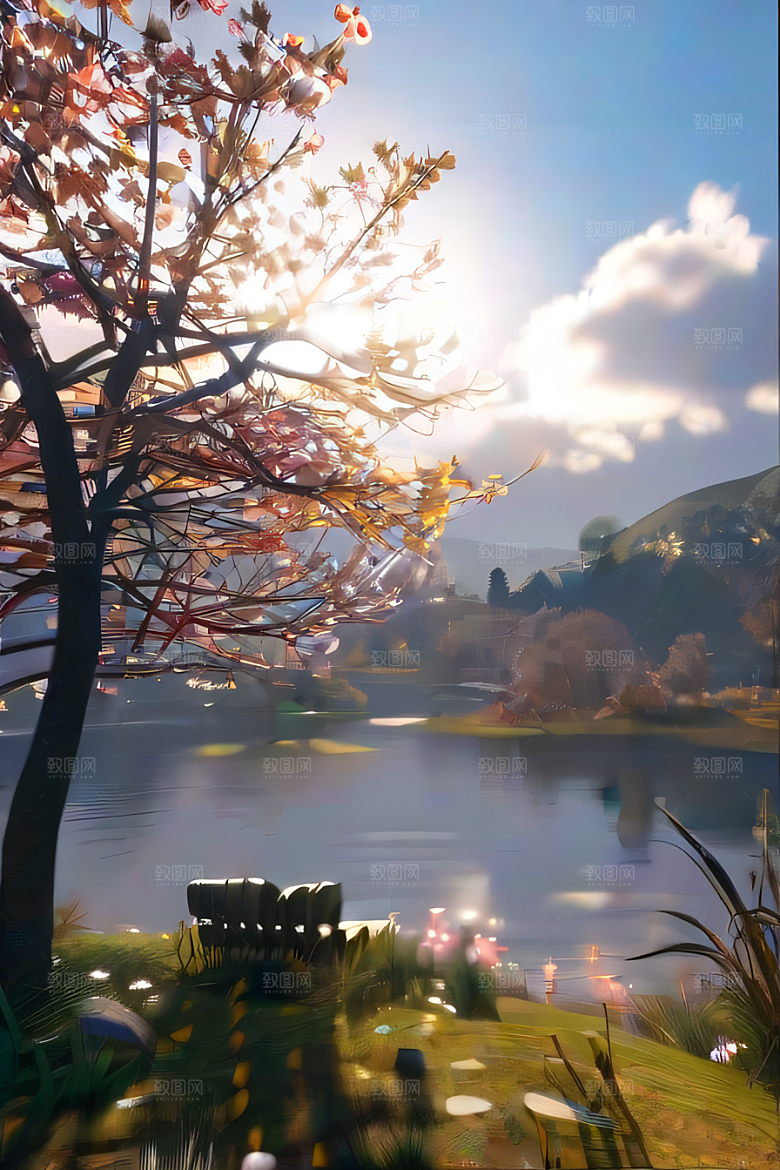 秋天的晨光远眺湖泊的美景