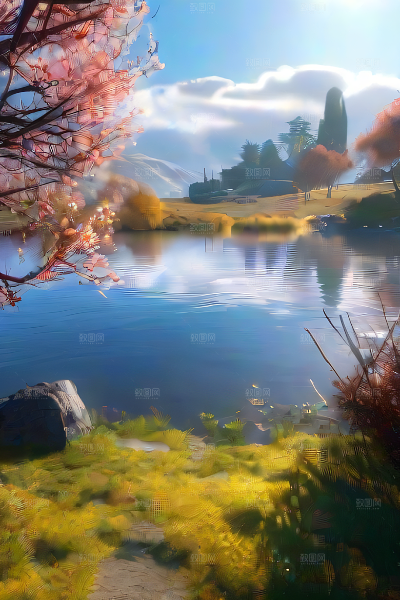 秋天的晨光远眺湖泊的美景