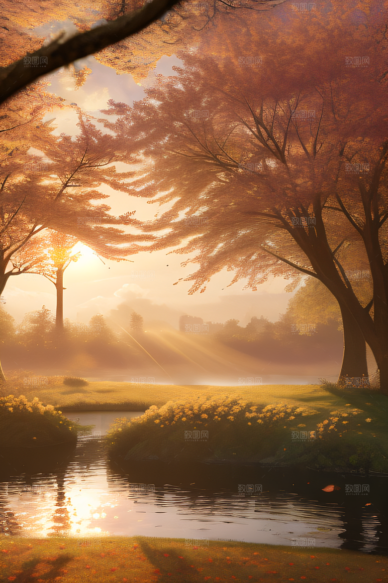 秋天的晨光远眺湖泊的美景