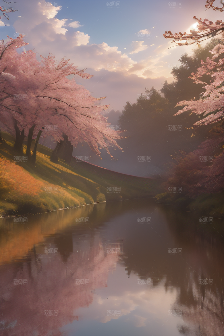 秋天的晨光远眺湖泊的美景