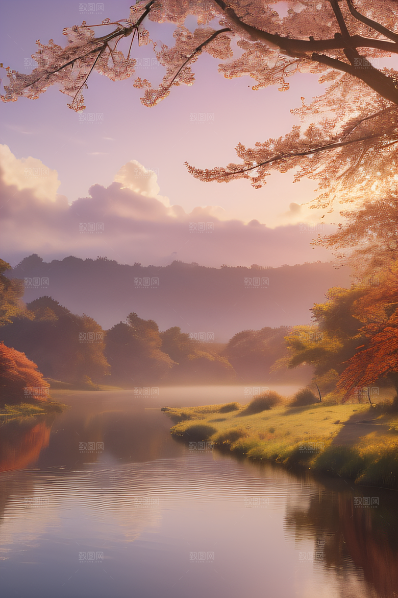湖泊远景中的李花秋天的晨光